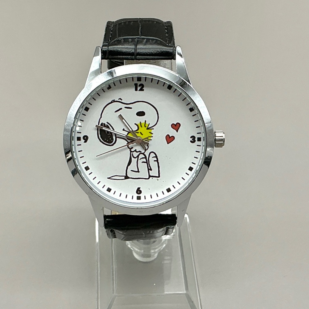 Snoopy Watch Woodstock Hug Hearts Black Leather Silver Tone 9" NEW BATTERY